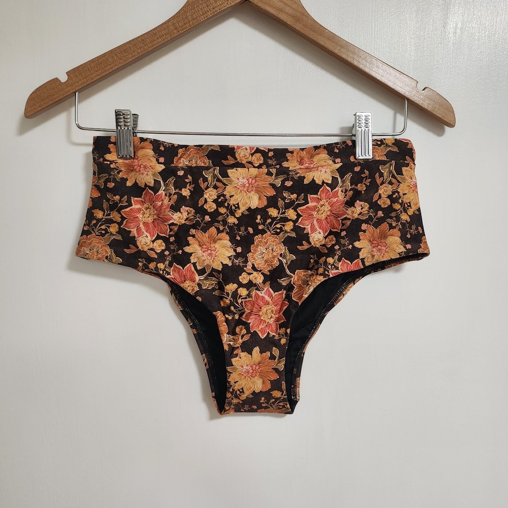 MINKPINK Floral High-Waist Bikini Bottoms in Black, Gold, Orange